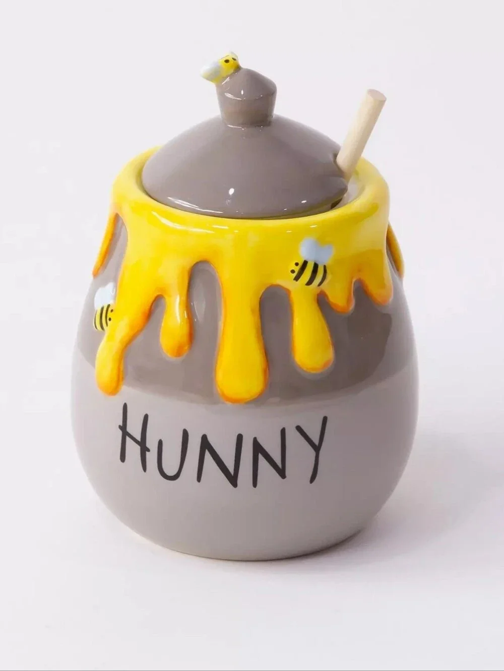 RARE Disney Ceramic Honey HUNNY Jar with Lid and Wooden Stirrer, Winnie The Pooh